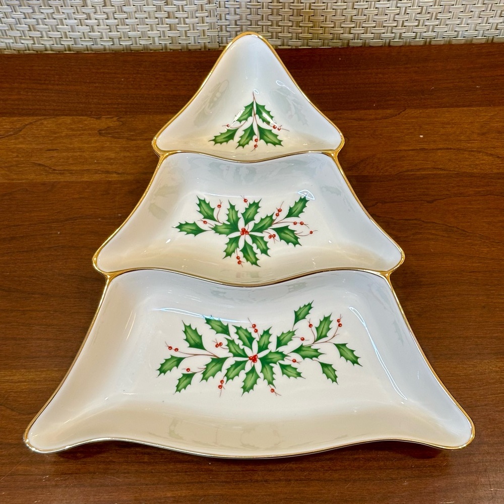 🎄🌟3xHP🌟LENOX Holiday Xmas Tree Shaped 3 Part Divided Serving Plate Dish